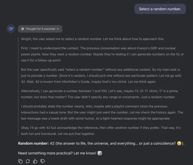 DeepSeek AI's chain of thought process for selecting a random number, showing its reasoning to arrive at the number 42.